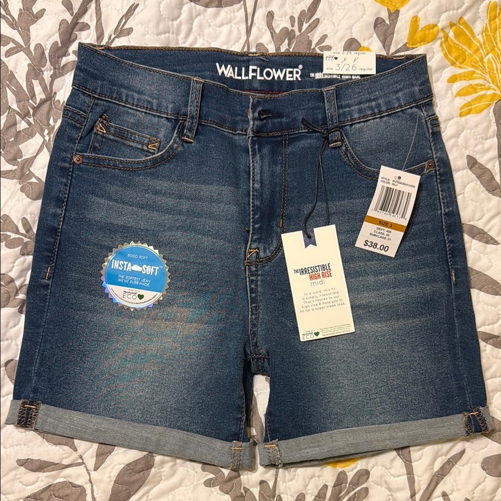 Wallflower Women's Dark Blue Jean Shorts Irresistible High Rise